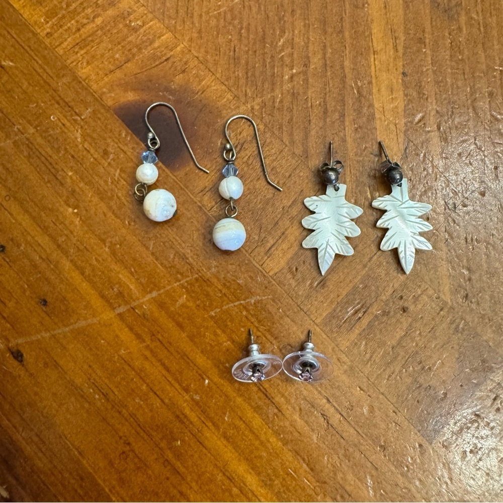 925 Sterling Silver 3 Pair LOT  Earrings Genuine Stones Tourmaline Pearls Shell